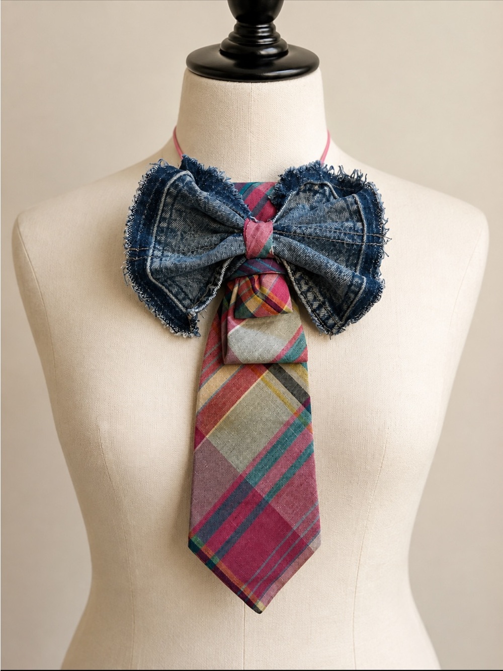 Handmade Denim Bow and Plaid Tie Necklace - Pink & Blue